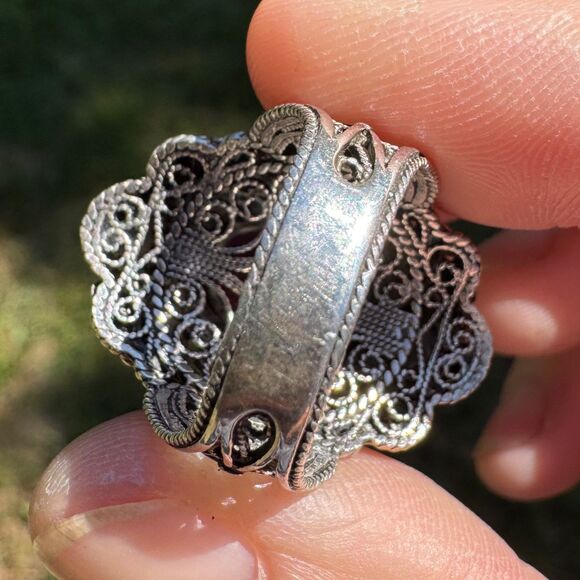Vintage Sterling Silver Filigree Ring Size 8.5 DGS 925 Turkey Ruby Zoisite Cab - Picture 12 of 16